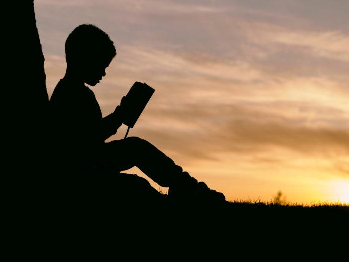 enfant lisant à l'extérieur